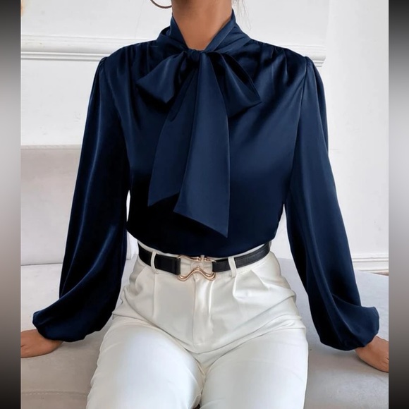 Classic Elegant Satin Tie Neck Work Office Top Blouse Shirt Green - Picture 8 of 16